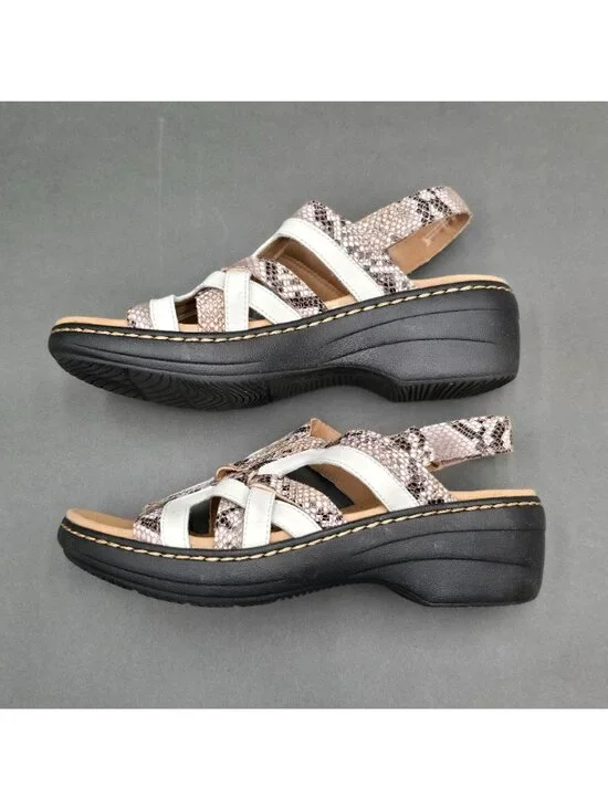 Clarks Merliah Lilac Snakeskin Wedge Sandals Size 7.5 White Leather - Picture 4 of 11